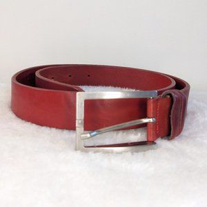 Vintage Italian Leather Belt in Red Brown with Silver Rectangular Buckle